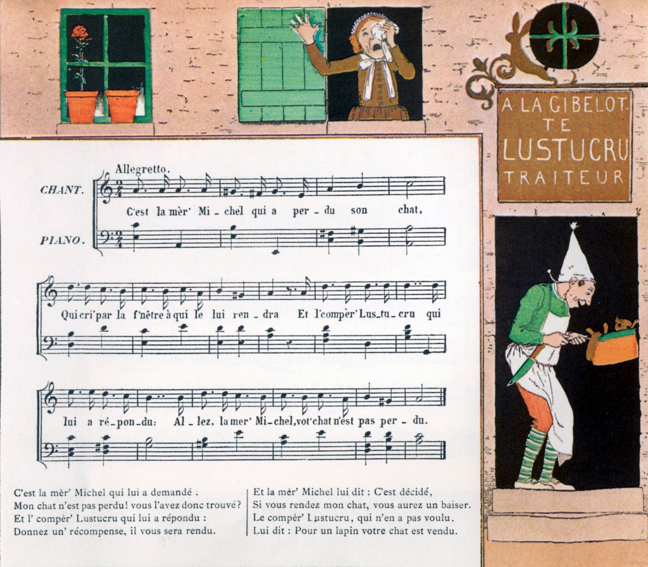 Partitur og illustrasjon av barnesang La mere Michel av Louis Maurice Boutet de Monvel