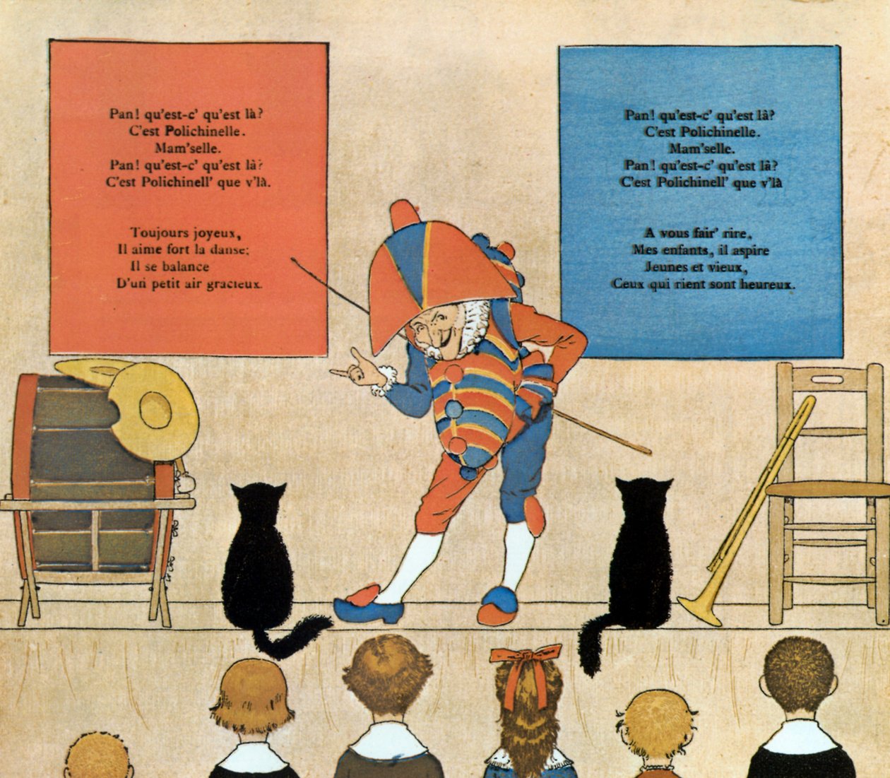 Partitur og illustrasjon av barnesang Punchinello, 1898 av Louis Maurice Boutet de Monvel