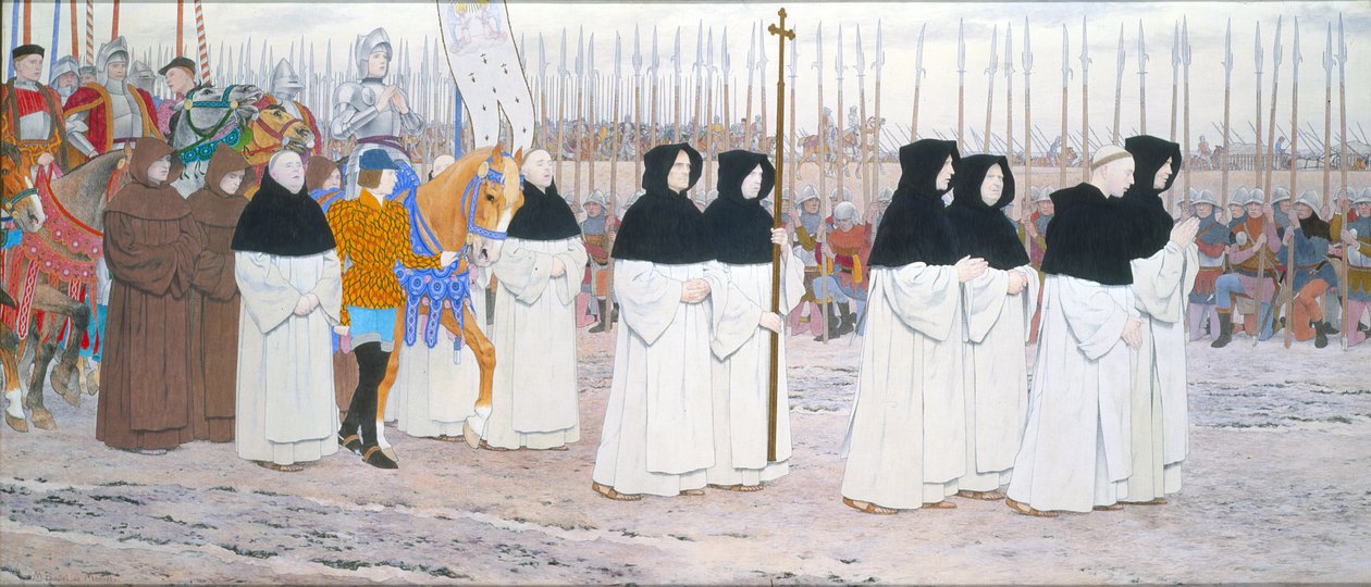 The Maid in Armor on Horseback, fra Joan of Arc Series C, ca. 1905-11 (olje og bladgull på lerret) av Louis Maurice Boutet de Monvel