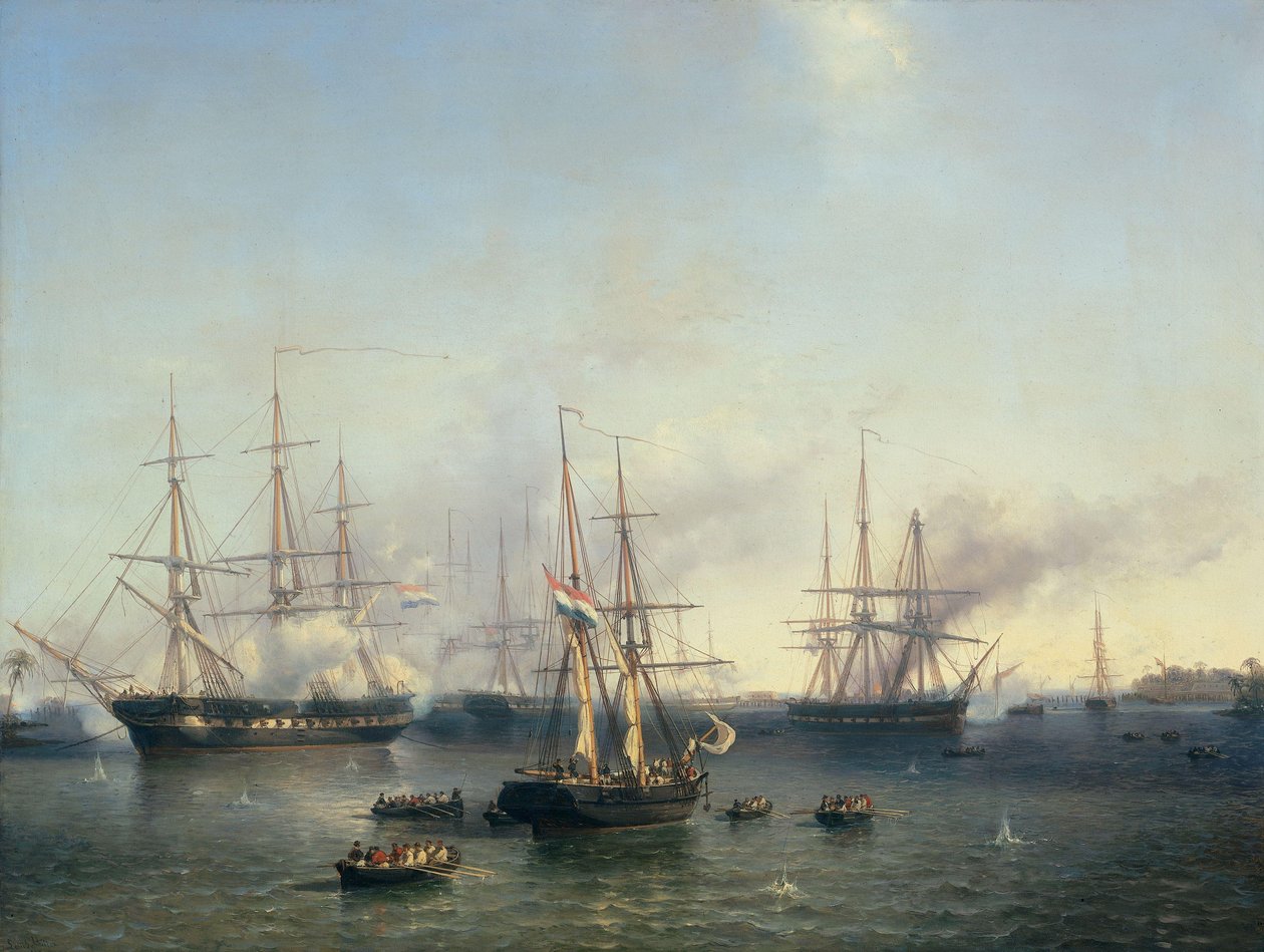 Erobringen av Palembang, Sumatra i Indonesia, av generalløytnant De Kock, 24. juni 1821 av Louis Meijer (signed by artist)