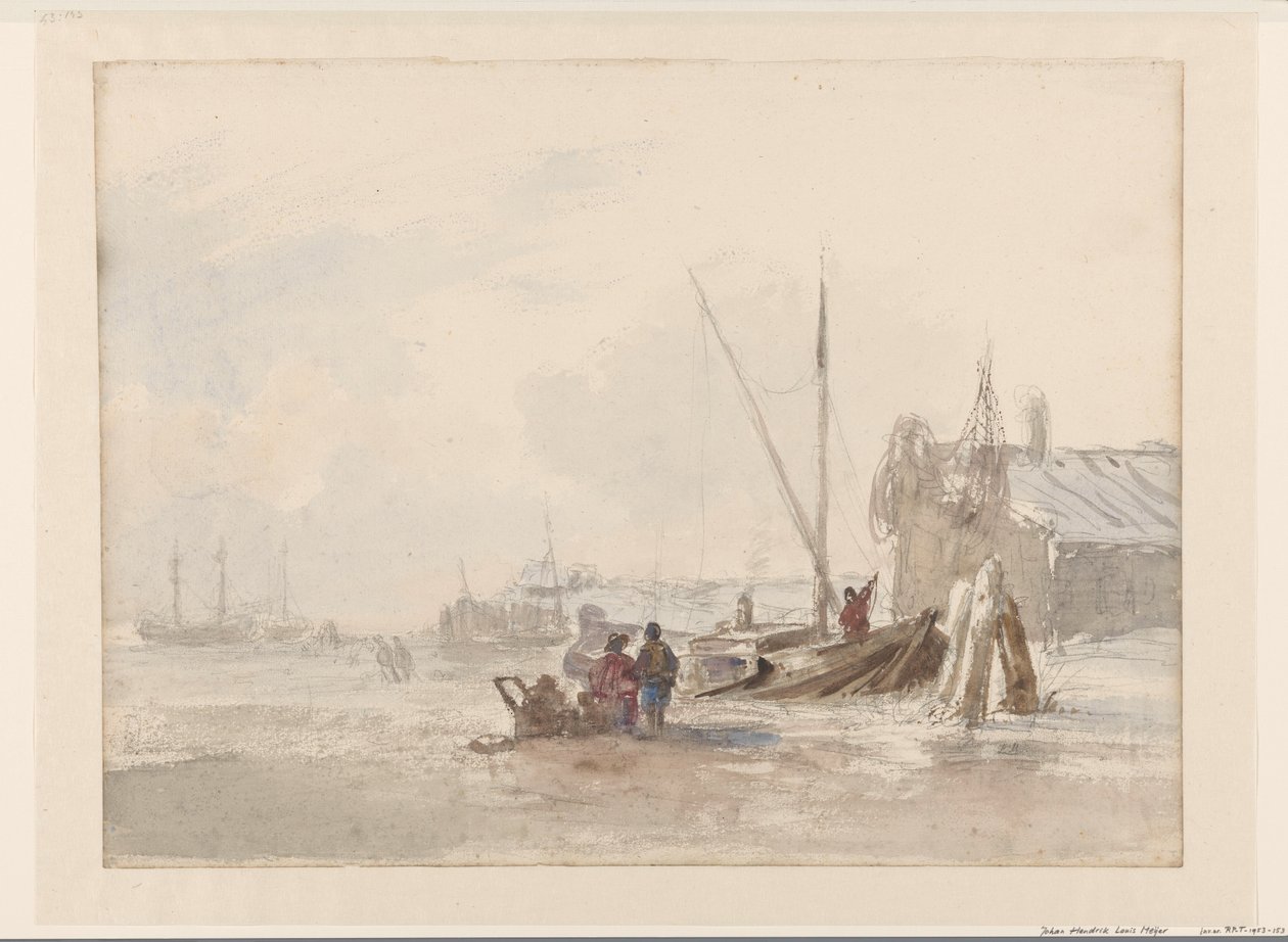 Strandscene med fiskere ved en båt i forgrunnen av Louis Meijer