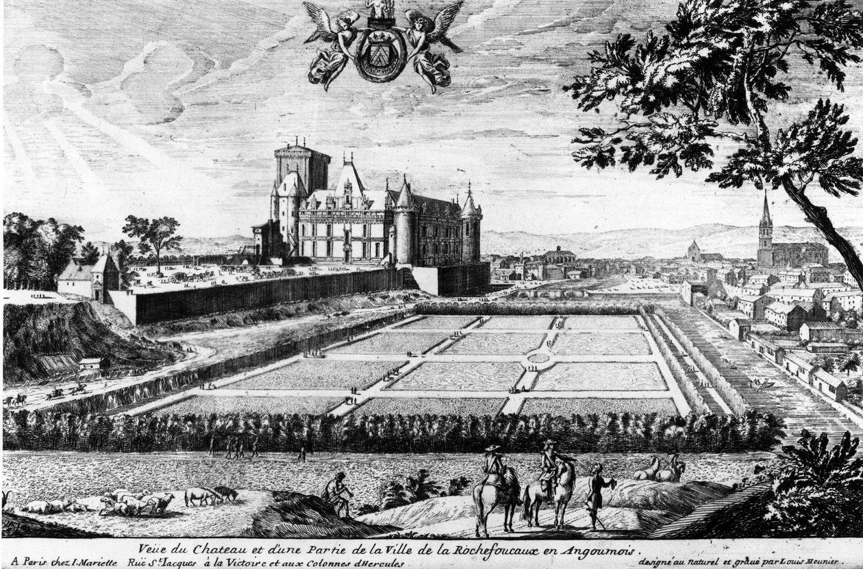 Chateau de la Rochefoucauld i Liancourt; gravering av Louis Menier - Familiearkiv. av Louis Meunier