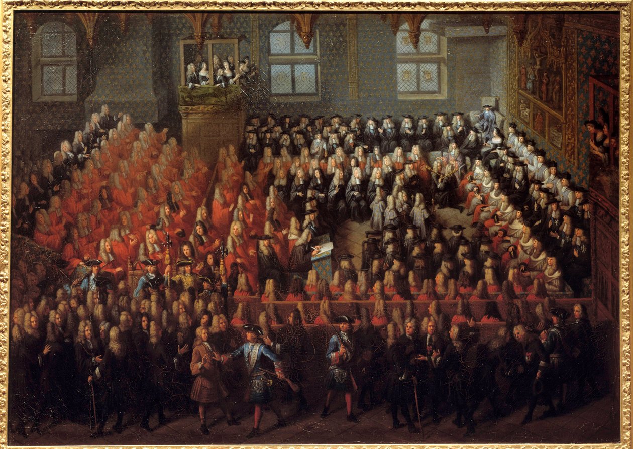 Rettferdighetsseng holdt av Ludvig XV (1710-1774) i Storkammeret i parlamentet i Paris for å bryte viljen til Ludvig XIV (1638-1715) av Louis Michel Dumesnil