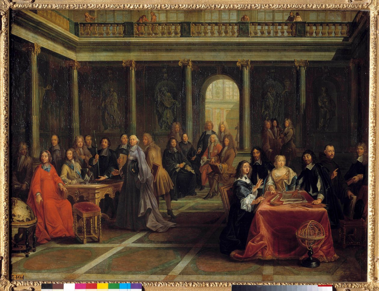 Dronning Christine av Sverige, omringet av hoffet sitt, hører filosofen Rene Descartes gjøre en geometridemonstrasjon; i nærvær av prinsen av Conde, Elisabeth de Baviere, prinsesse Palatine og far Mersenne 