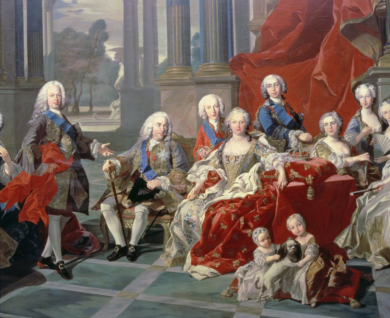 131 0794093/1 Familien til Philip V av Spania (1683-1746) detalj som skildrer kongen, hans andre kone Elizabeth Farnese og den fremtidige Ferdinand VI av Louis Michel van Loo