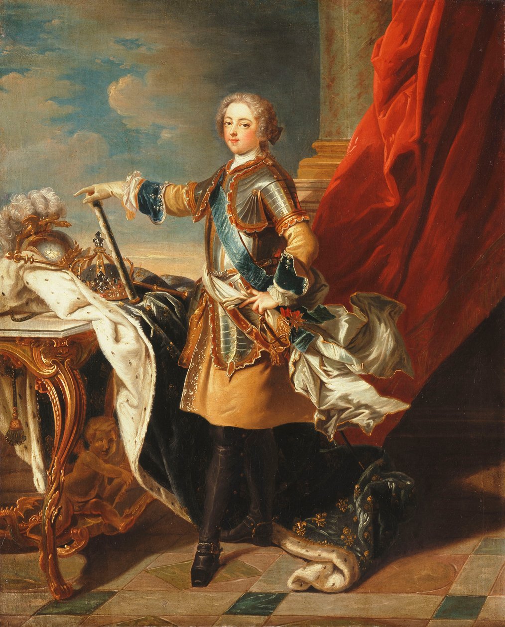Portrett av kong Ludvig XV, i full lengde, iført halv rustning, av Louis Michel van Loo