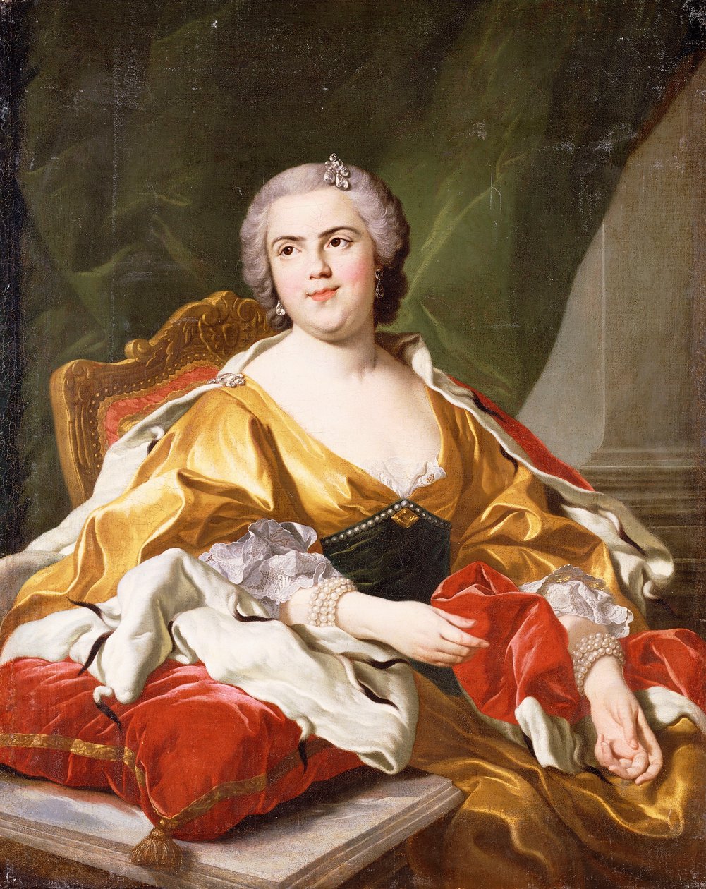 Portrett av Louise Elisabeth de Bourbon, hertuginne av Parma, sittende, trekvart lengde, av Louis Michel van Loo