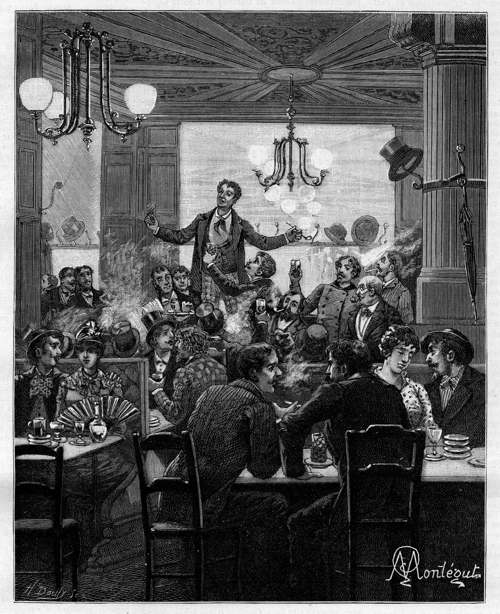 I midten, på et bord, leder Desroches charivarien. Scene på en parisisk kafé: folk synger, drikker, røyker, prater og flørter rundt bordene. I "" Trento ans de Paris"" selvbiografisk samling av Alphonse Daudet (1840-1897). Gravering etter Montegut