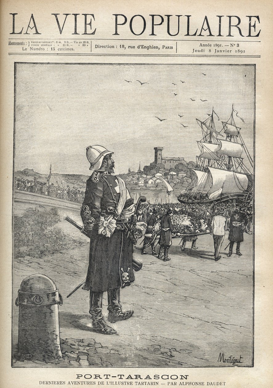 Mann som observerer en uren av Tarasque på havnen på øya Port Tarascon. Illustrasjon av Montegut for «Port-Tarascon» av Alphonse Daudet (1840-1897). Gravering fra 1891 i "La vie populaire". Privat samling av Louis Montegut