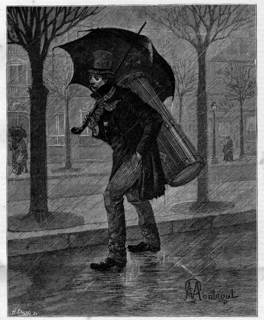 Dårlig høsting! Stakkars våt sikade! ... Trommespiller i elendighet går i regnet i gatene i Paris. I "" Trento ans de Paris"" selvbiografisk samling av Alphonse Daudet (1840-1897). Gravering etter Monteguts illustrasjoner i “” Le Monde  av Louis Montegut