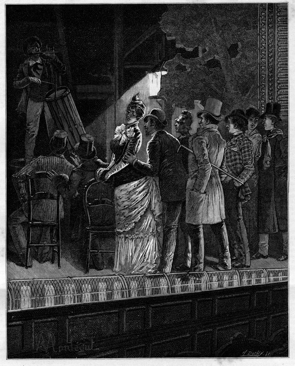 Hvilken effekt, herregud, ga dette skeptiske publikum denne rustikke musikken... Tilskuere som lytter til en trommespiller. I "" Trento ans de Paris"" selvbiografisk samling av Alphonse Daudet (1840-1897). Gravering etter Monteguts illustrasjoner i "" Le av Louis Montegut