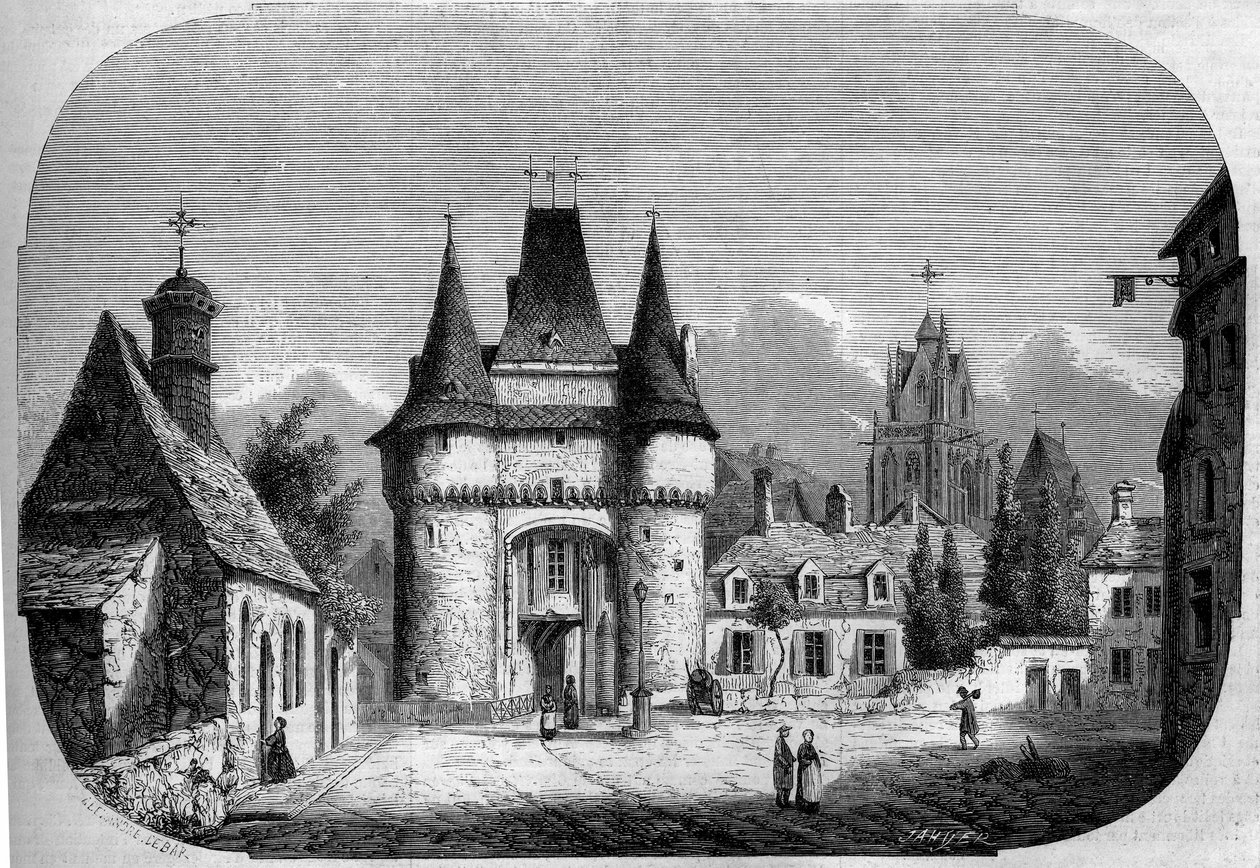 Arkitektur: utsikt over porten Saint Julien (1460-1483), I bakgrunnen, utsikt over den gotiske kirken Notre Dame des Marais (1450-1623). La Ferte Bernard, Sarthe (72) av Louis Moullin