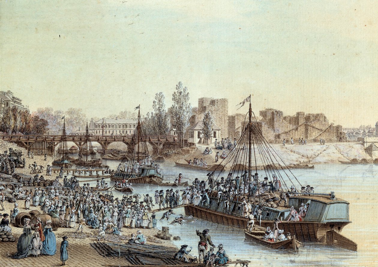 Frakt Skipslastede passasjerer som ankommer kaien. Tegning av Louis de Lespinasse (1734-1808) 1782. Paris, Musee Carnavalet av Louis Nicolas de Lespinasse