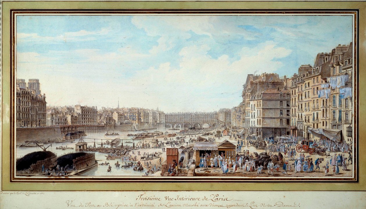 Utsikt over havnen ved hvalen tatt fra den gamle Marche aux veaux mot broen Notre-Dame i Paris Akvarell av Louis Nicolas de Lespinasse (1734-1808). 1782. Paris, Musee Carnavalet av Louis Nicolas de Lespinasse