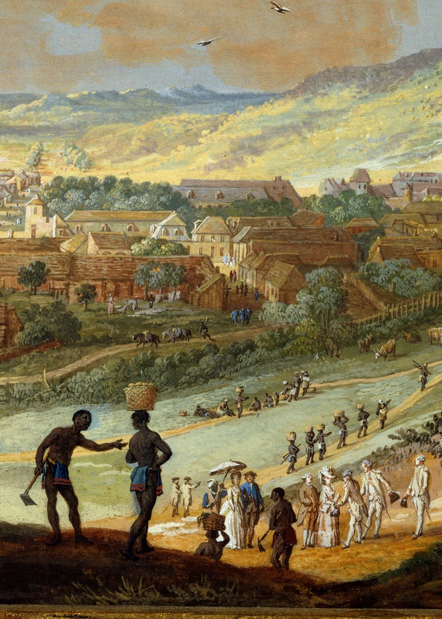 Detalj: "" Utsikt over byen Cape francais (Cap de la Republique) utsikt over bakken i Santo Domingo"" Detalj. Maleri av Louis Nicolas Van Blarenberghe (1716-1794) 1779 La Rochelle, Museum of the New World. av Louis Nicolas van Blarenberghe