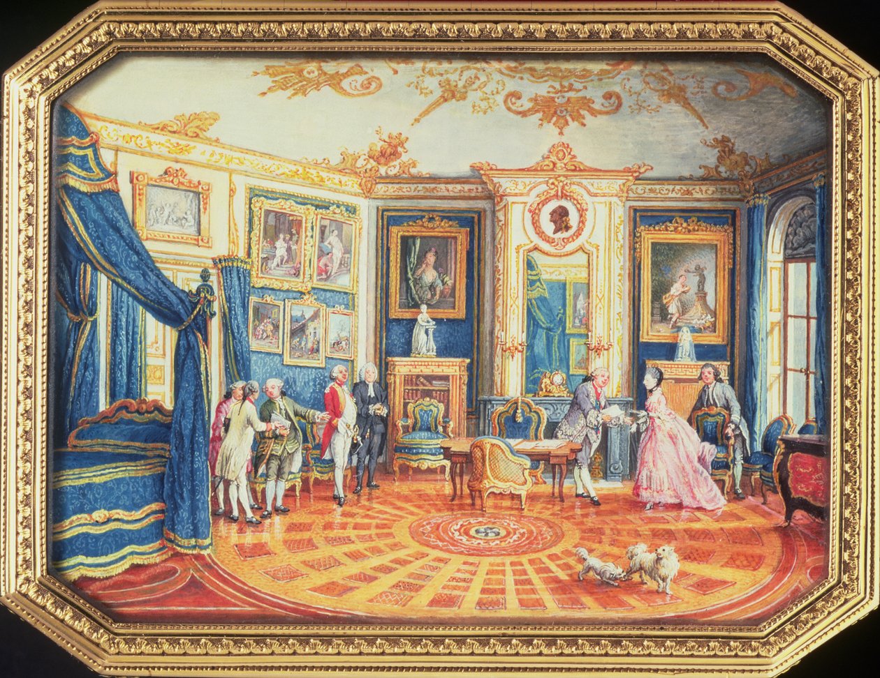 Lokk på en snusboks laget av Louis Roucel (d.1787) som viser et rom med vintermøbler på Hotel de Choiseul, ca. 1770 (emalje) av Louis Nicolas van Blarenberghe