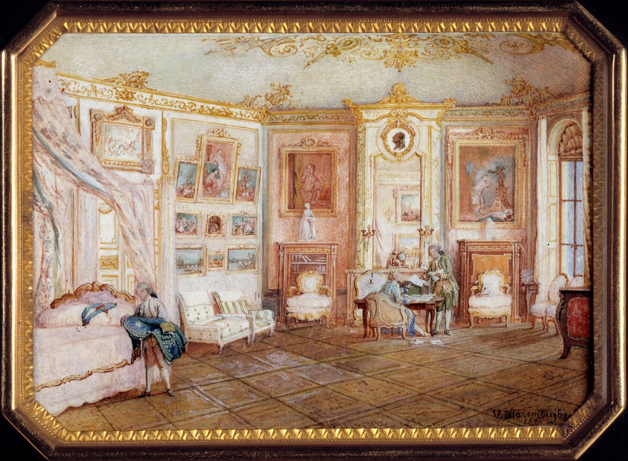 Lokk på en tabatiere av Alexandre Leferre (ca. 1806-ca. 1838) dekorert av et miniatyrmaleri av Louis Nicolas Van Blarenberghe (1716-1794) som representerer et rom under Louis XV. Rundt 1770. Søn 0,02x0,08x0,06 m Paris, musee du Louvre av Louis Nicolas van Blarenberghe