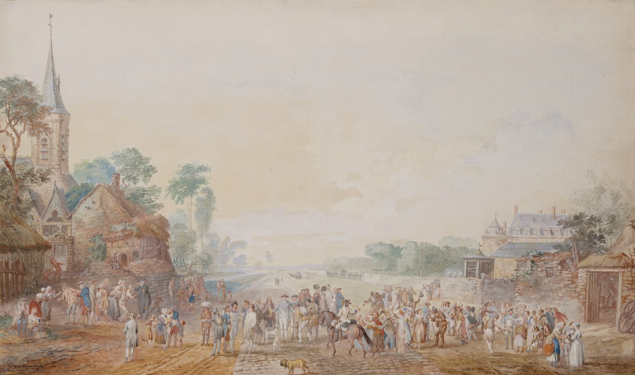 Hertugen av Penthievre med Benjamin Franklin på høyre side deltar på en gjennomgang av hans frivillige regiment ved siden av slottet hans ved Rambouillet av Louis Nicolas van Blarenberghe
