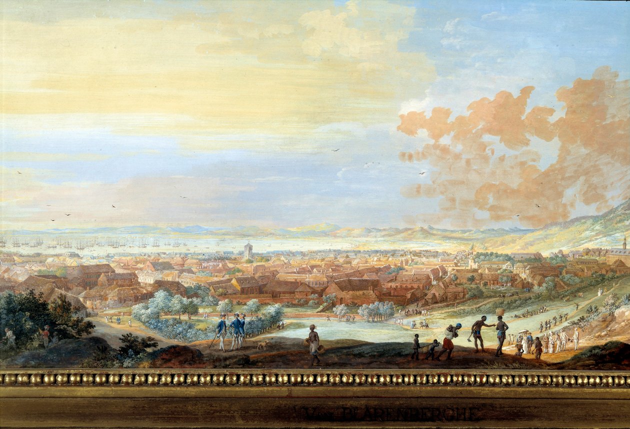 Utsikt over byen Cap francais (Cap de la Republique) utsikt fra bakken i Santo Domingo Detail. Maleri av Louis Nicolas Van Blarenberghe (1716-1794) 1779 La Rochelle, Museum of the New World. av Louis Nicolas van Blarenberghe