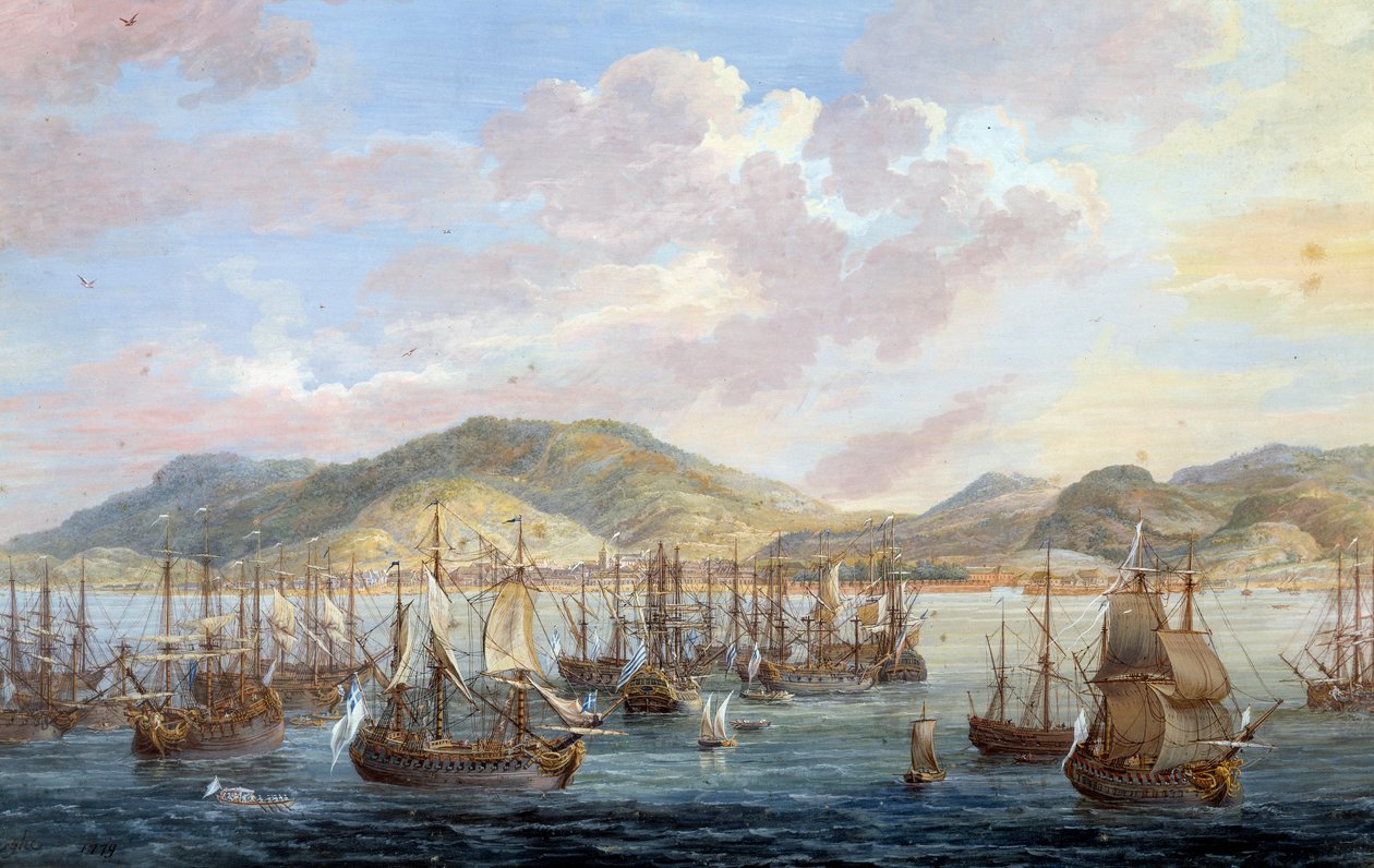 Utsikt over byen Cape francais (Cap de la Republique) havutsikt i Santo Domingo Detail. Maleri av Louis Nicolas Van Blarenberghe (1716-1794) 1779 La Rochelle, New World Museum - Utsikt over byen The French Cap (Cap de la Republique), hav vi av Louis Nicolas van Blarenberghe