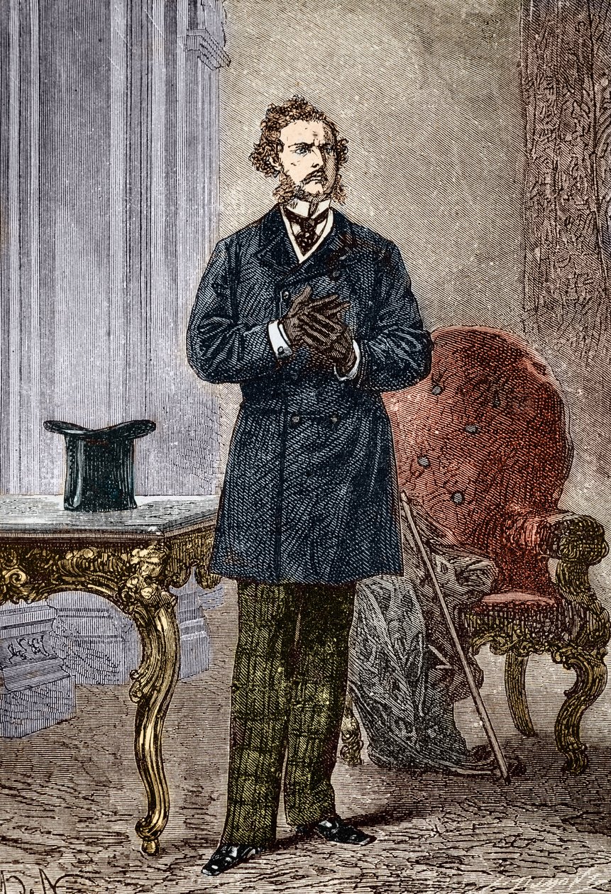 Portrett av Phileas Fogg, karakter av Le tour du monde en eighty jours”” roman d'aventures av Jules Verne illustrert av Louis Paul Pierre Dumont (1822-1882) i 1872 (Phileas Fogg fra frontispice av “Around the World in Eighty Days” ” av Jules Verne (182 av Louis Paul Pierre Dumont