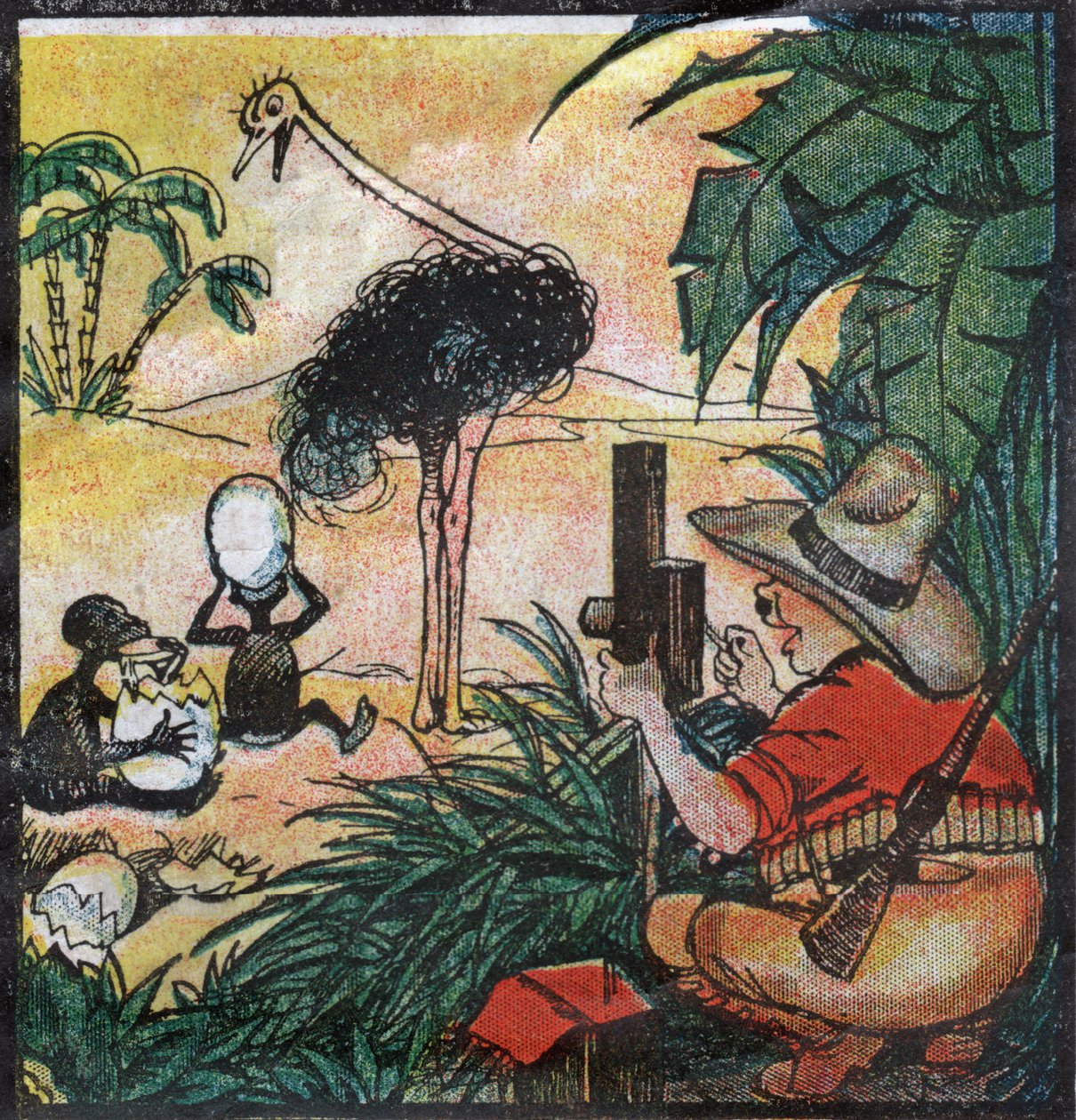 Nestor Fenleroc, europeisk kolon fotograferer en struts i Afrika. 1923 (gravering) av Louis Peltier