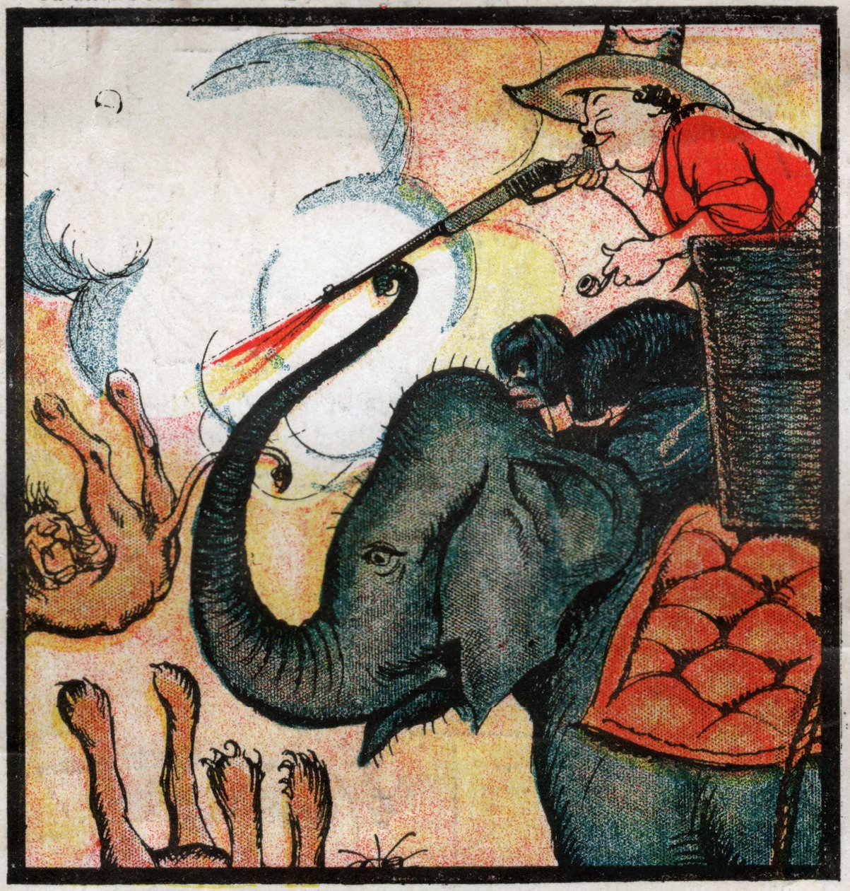 Nestor Fenleroc, europeisk nybygger dreper løver ved å skyte på en elefant i Afrika. 1923 (gravering) av Louis Peltier