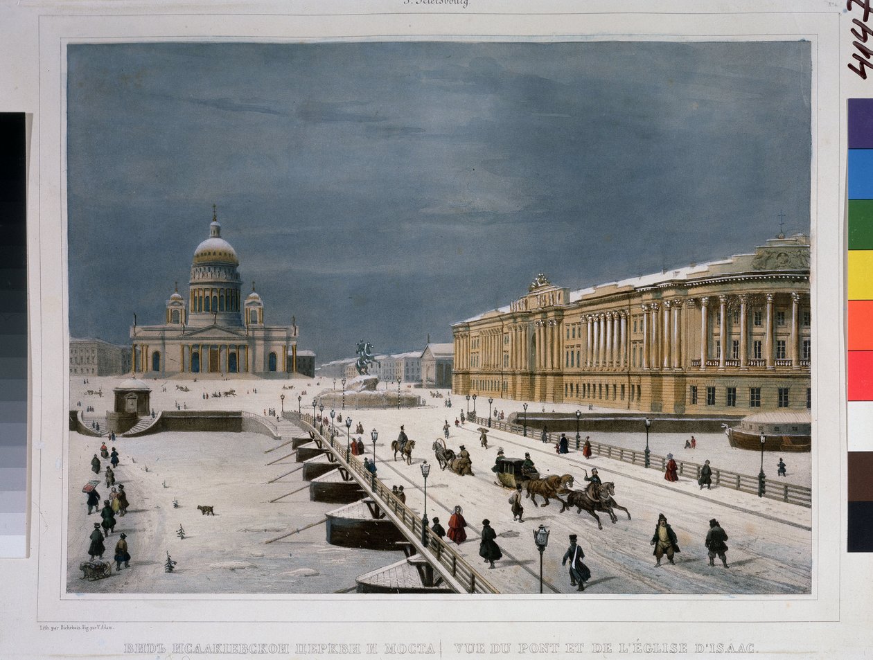 Isak-katedralen og Senatsplassen i St. Petersburg. Tegning av Louis Pierre Alphonse Bichebois (Louis-Pierre-Alphonse) (1801-1850). Litografi farget i akvarell, av Louis Philippe Alphonse Bichebois