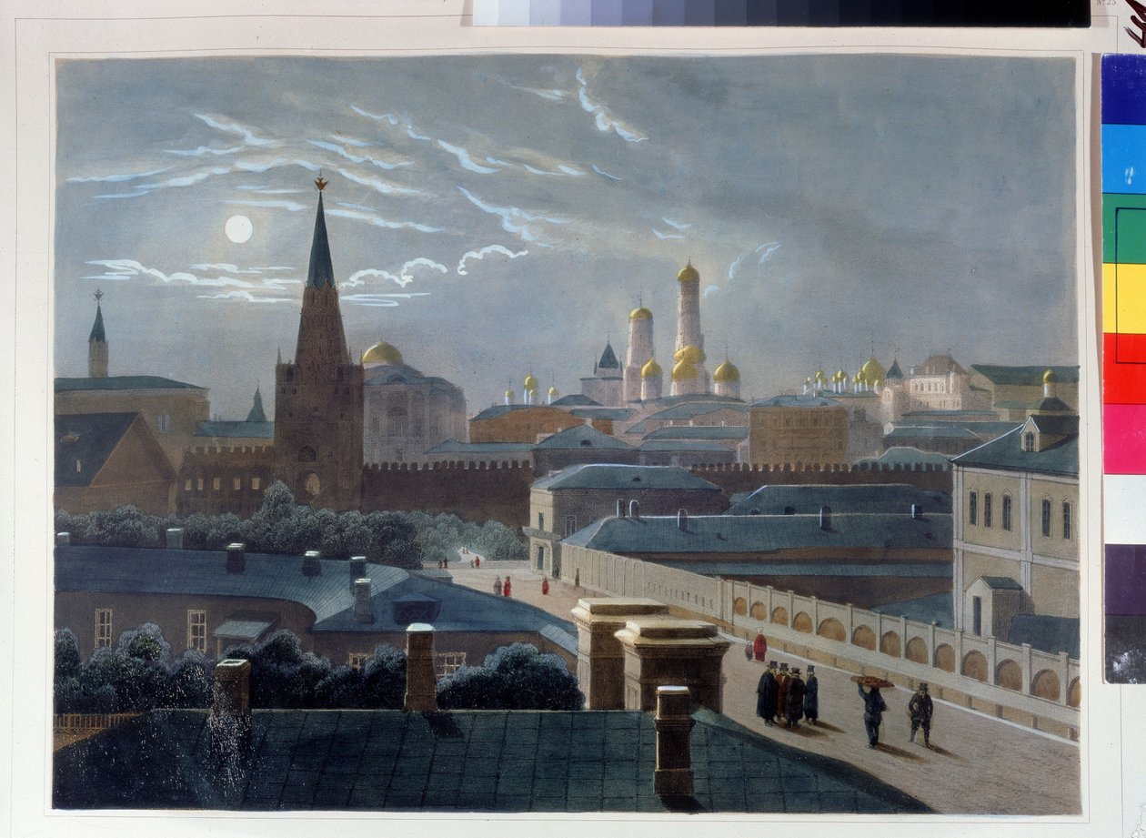 Utsikt over Kreml i Moskva. Tegning av Louis Pierre Alphonse Bichebois (1801-1850). Litografi farget i akvarell, ca 1830-1840, fransk kunst, klassisisme. A. Pushkin Memorial Museum, St. Petersburg. ©FineArtImag av Louis Philippe Alphonse Bichebois