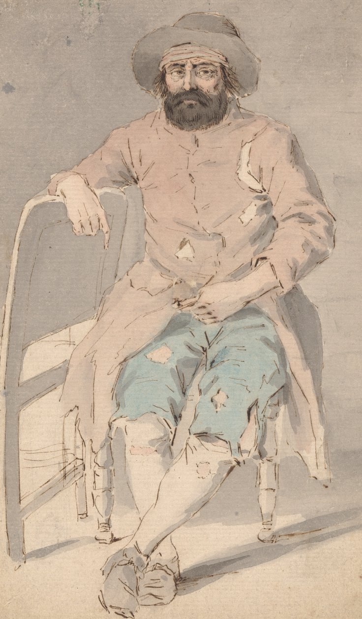 Mann i fillete klær sitter med høyre arm over en annen stol av Louis Philippe Boitard