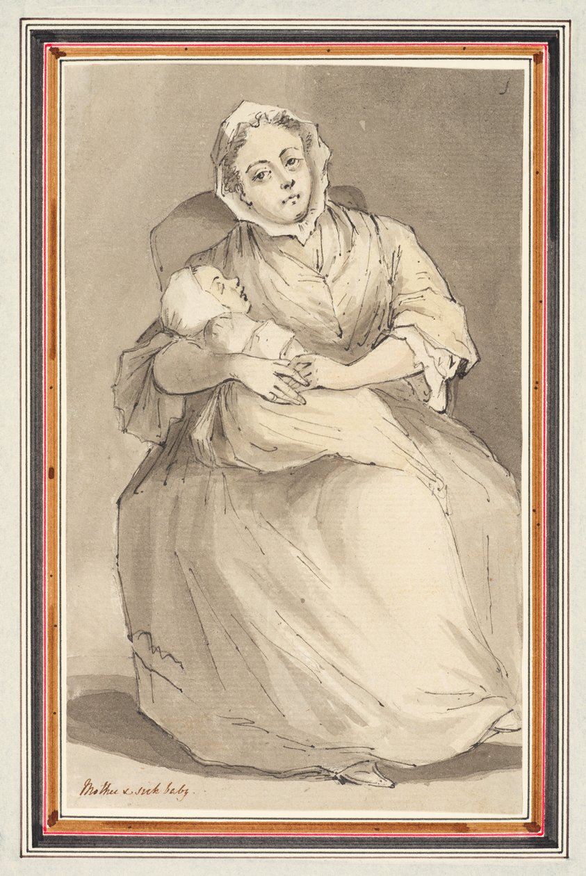 Sittende kvinne og barn (blyant, penn og blekk og akvarell på papir) av Louis Philippe Boitard