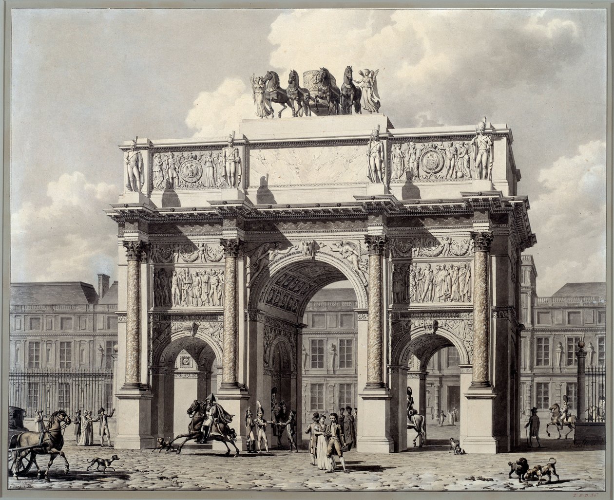 Utsikt over triumfbuen til karusellen i Paris. Tegning i penn og blekk med vask av Pierre Louis Balard (1764 - 1846) av Louis Pierre Baltard
