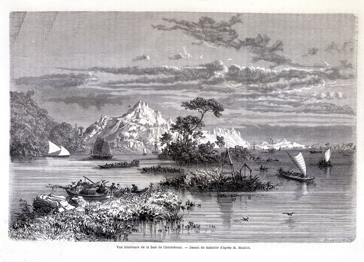 Indre utsikt over Chantaboun Bay. 1874. Tegning av Sabatier ifølge Mr. Mouhot. “Tour du monde” av Louis Remy Sabatier