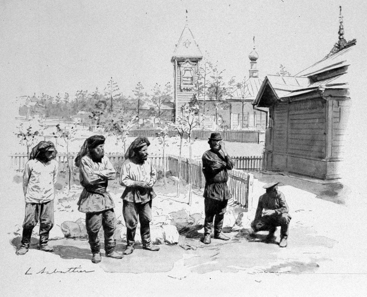 Bøndene i en liten russisk landsby med et myggnett i ansiktet og en jernbanestasjon i det transsibirske. 1913. Ill. de Sabatier av Louis Remy Sabatier