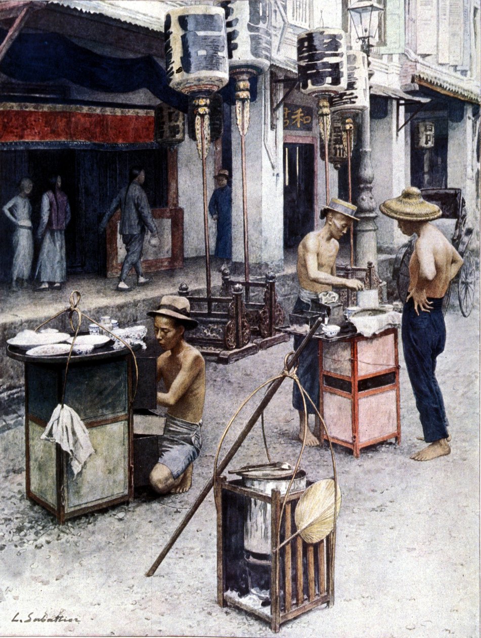 Mobile restauranter i Singapores Chinatown. Illustrasjon av L. Sabatier. 1800-tallet. av Louis Remy Sabattier