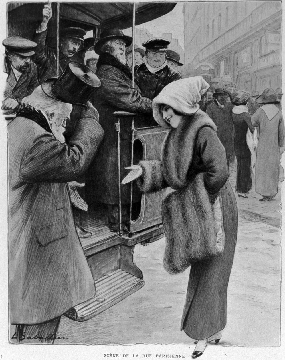 Høflighet: Scene fra den parisiske gaten - Gårsdagens Galenterie i dagens Paris. En gammel mann og en ung kvinne ved bussholdeplassen. Illustrasjon av Sabatier. n.d. 1910-tallet. av Louis Remy Sabattier