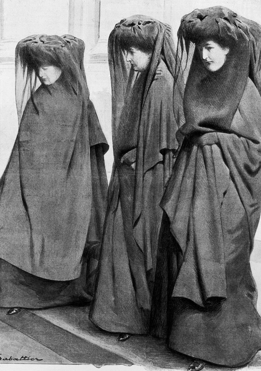 Prinsessene Louise, Stephanie og Clementine av Sachsen Cobourg (Saxe-Cobourg) i sorg ved begravelsen av deres far, kong Leopold II av Belgia (1835-1909) i desember 1909. Illustrasjon av Louis Remy Sabattier (1863-1935) av Louis Remy Sabattier