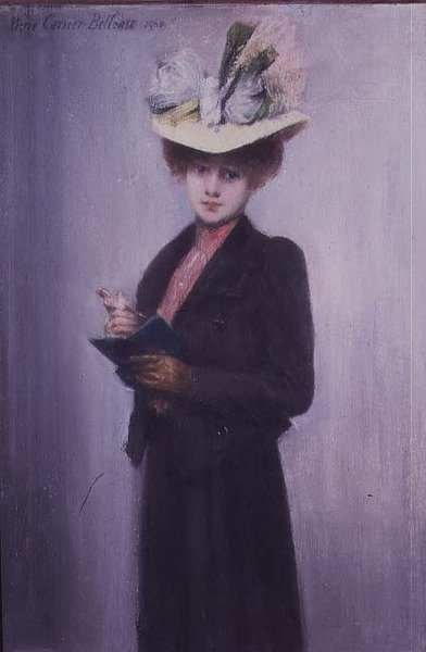 En elegant dame med en blå notatbok av Louis Robert Carrier Belleuse