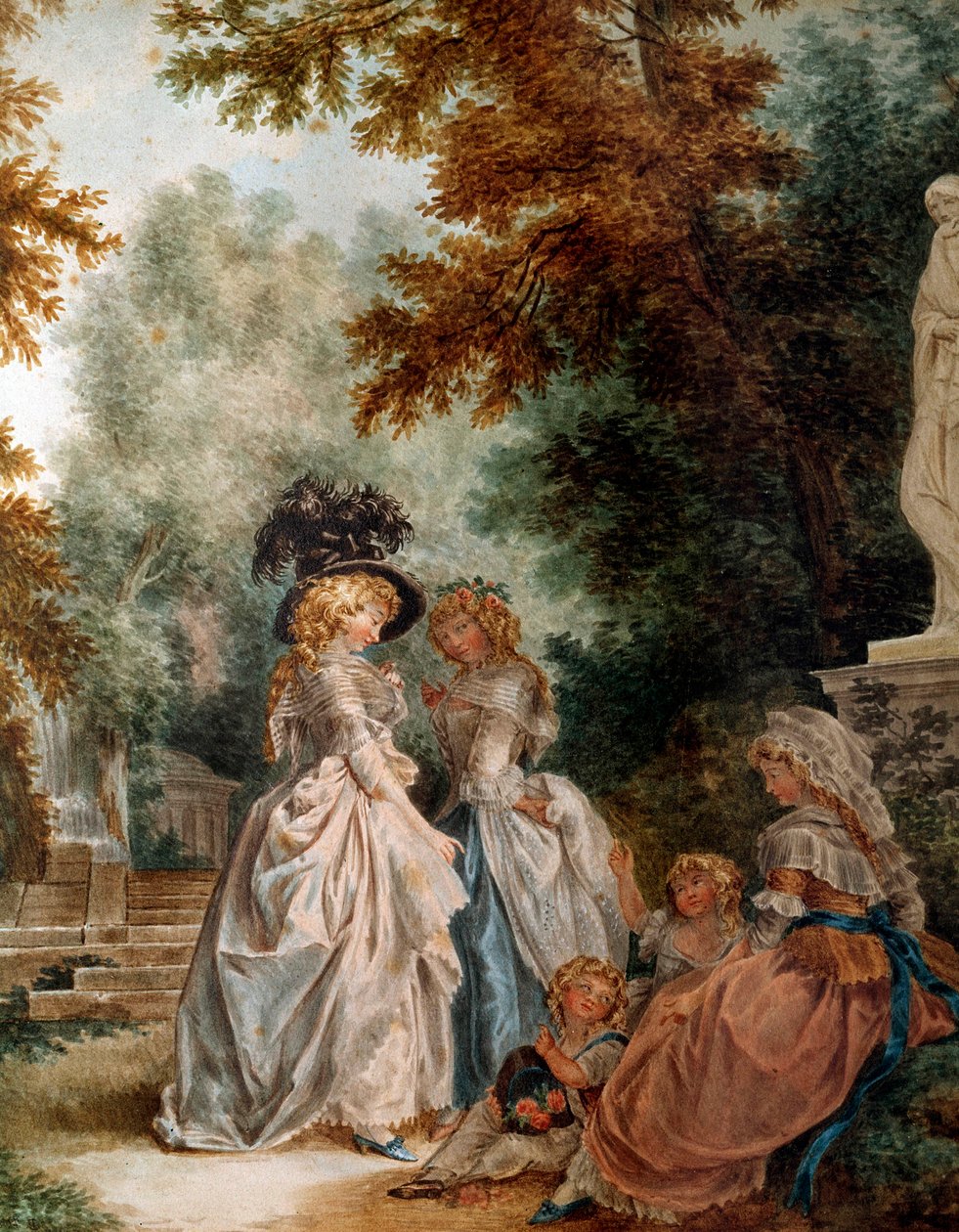 Gå i parken Elegante unge kvinner under et øyeblikk med avslapning i en hage. Akvarell av Louis Trinquesse (1746-1800) 1700-tallet. Paris, Musee Carnavalet av Louis Rolland Trinquesse