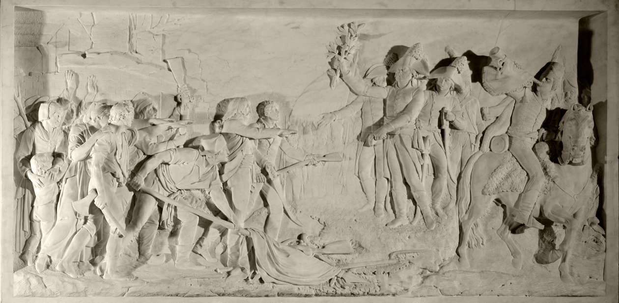 Vendee-krigen: pasifisering av Vendee av general Lazare Hoche (1768-1797) i 1796. Lavrelieff i marmor skåret av Simon Louis Boizot (1743-1809). 1800. Versailles, slottsmuseum av Louis Simon Boizot