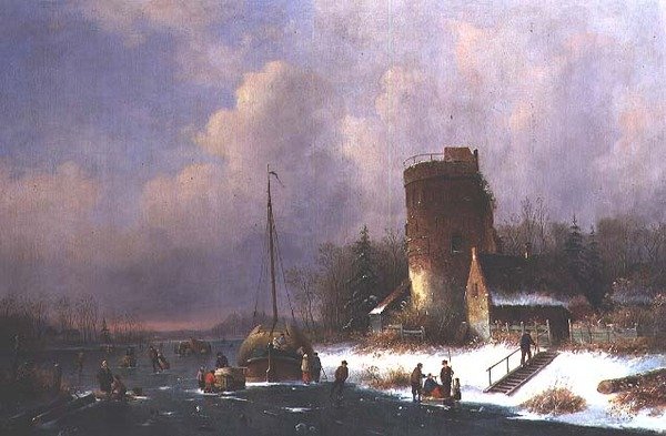 Nederlandsk vinterscene (olje på lerret) av Louis Smets