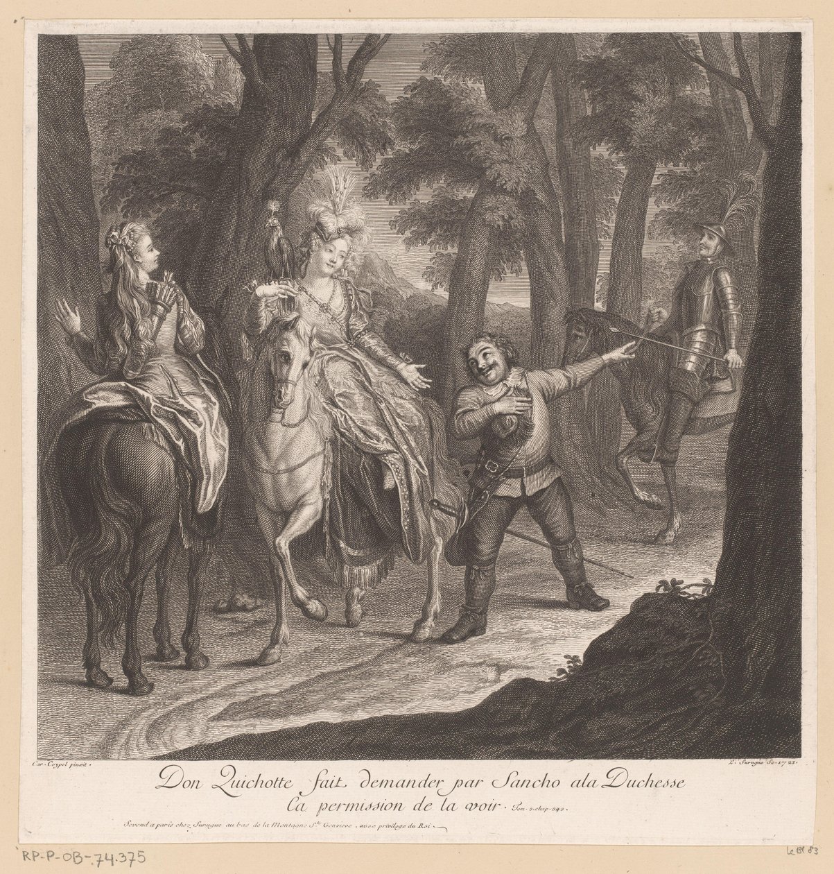 Don Quijote lar Sancho be hertuginnen om tillatelse til å se henne Don Quichotte fait demander par Sancho ala Duchesse ca permission de la voir (tittel på objekt) Historien om Don Quixote fra La Mancha (serietittel) av Louis Surugue