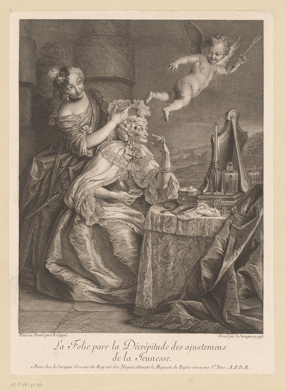 Hofdame hjelper gammel dame med å kamuflere aldringstegn La Folie pare la Décrépitude des adjustments de la Jeunesse (tittel på objekt) av Louis Surugue