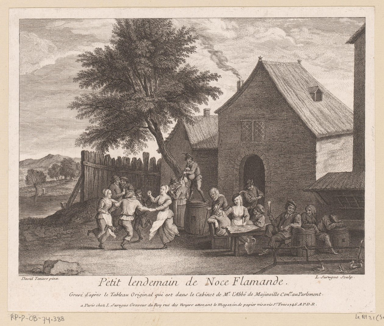 Flamsk landsbyscene med festselskap foran et vertshus Petit lendemain de noce Flamande (tittel på objekt) av Louis Surugue