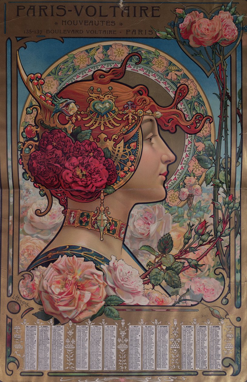 Kalender for 1901 for Paris-Voltaire-butikken, Paris, ca. 1900 av Louis Theophile Hingres