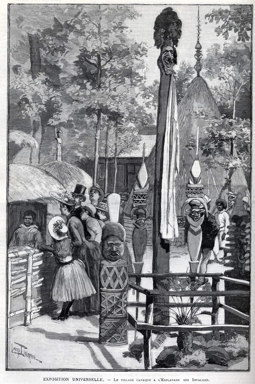 Exposition Universelle 1889 - Kanaklandsbyen ved Esplanade des Invalides (kanakene som ble stilt ut under utstillingen: Zoo Humane). Tegning av Louis Tinayre (1861-1942) - i "" The Illustrous World"" av 22.07.1889. av Louis Tinayre