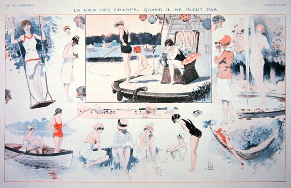 Fredelige tider på landet....når det ikke regner!, ca. 1930 (farge litho) av Louis Vallet