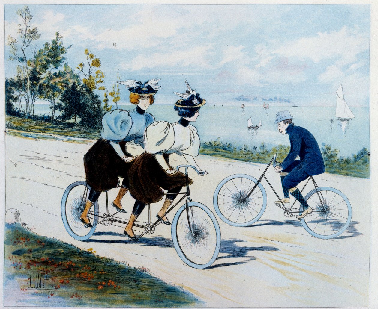 Søndagstur. Sykkeltur: en mann på sykkel ser på to kvinner på en tandem. Tegning av Louis Vallet (1856 -?) av Louis Vallet