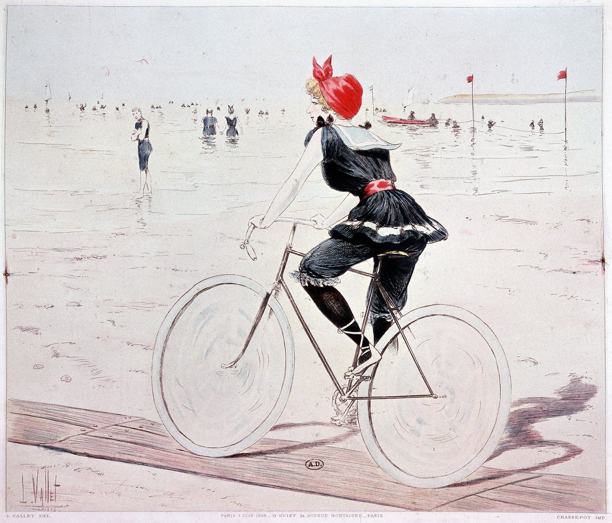 Kvinne på sykkel på stranden - tegning av L. Vallet av Louis Vallet