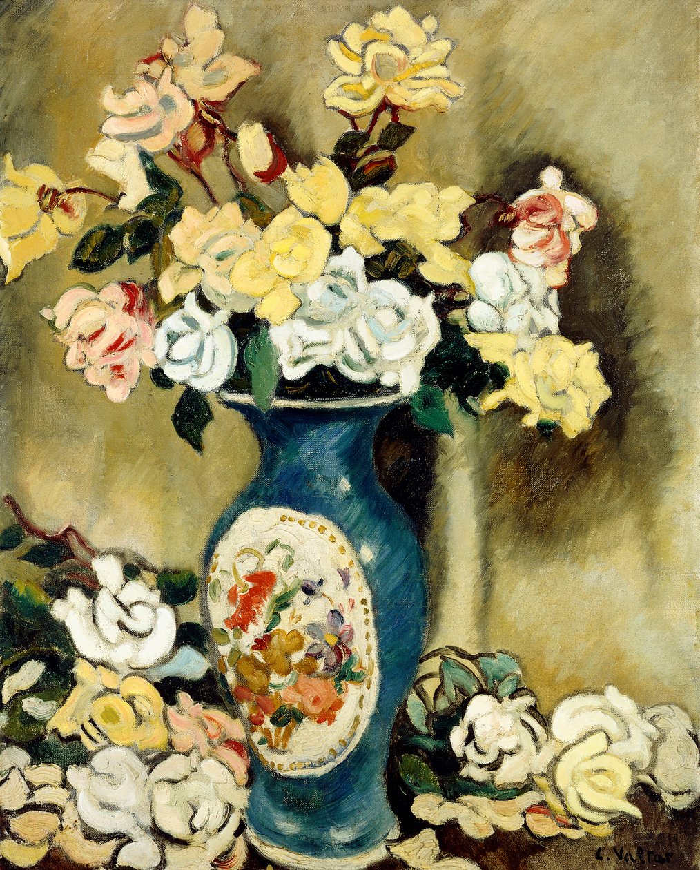 Bukett med røde roser i en blå vase, ca. 1920 (olje på lerret) av Louis Valtat